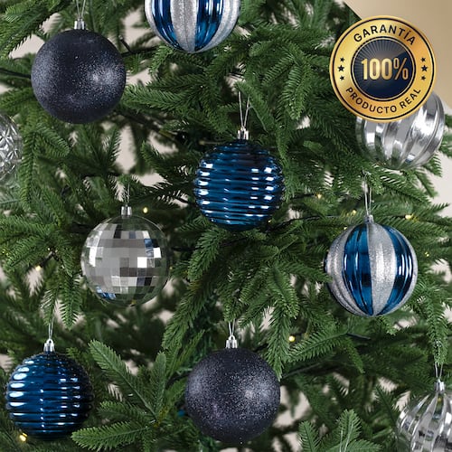 Set con 12 Esferas Decoración Navideña 10cm Adornos para Árbol de Navidad (Azul - Plateado) ESQUIMAL