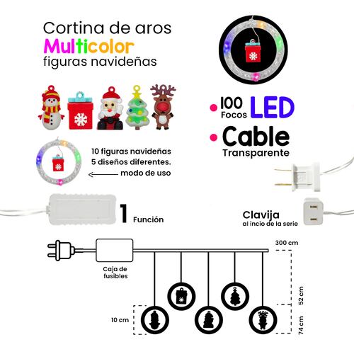 Cortina Serie Luz Aros Led Multicolor Figuras Navideñas 3mts
