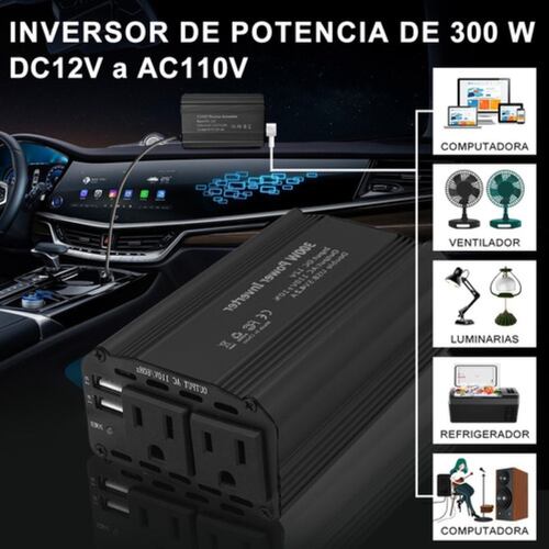 Inversor De Corriente Coche 12v A 110v 300w 2 Ca2 Negro