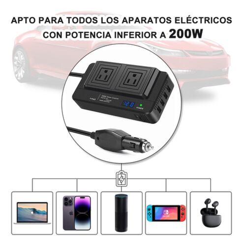 Inversor De Corriente Portátil Para Auto De 200w 12v A 110v Negro