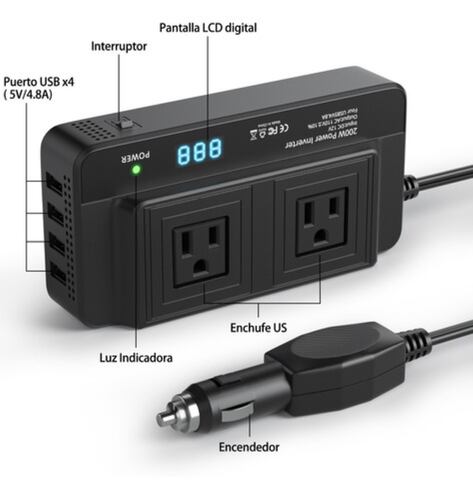 Inversor De Corriente Portátil Para Auto De 200w 12v A 110v Negro