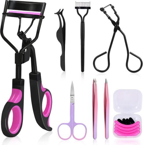 Kit Rizador De Pestañas Enchinador Set Con Tira Pinzas Peine  Rosa Negro