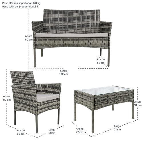 Sala Gris Para Exterior Jardin Patio Terraza 4 Pzs + Cojines