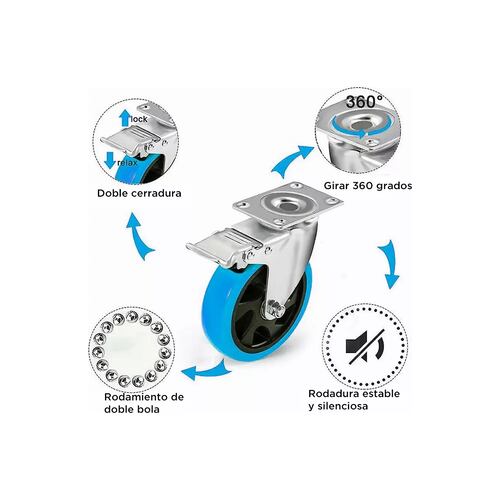 Kit De Ruedas Giratorias De Pvc C/freno De 4inch Azul