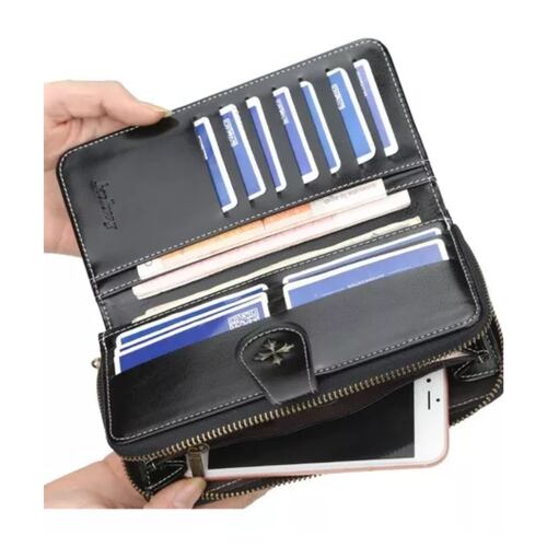 Cartera Larga P/dama Cuero Pu C/cierre Correa Negro