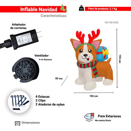 Inflable Navideño Perrito Reno Con Bufanda 1.50mts Luz Led