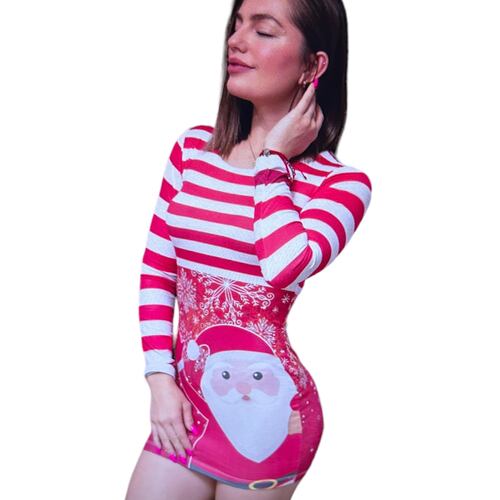 Vestido Corte Lápiz Corto Manga Larga Diseño navideño Señora Claus y Duende Navideño.