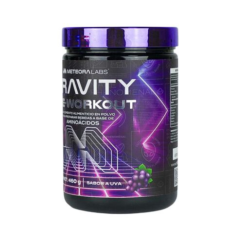METEORA LABS | Gravity Pre-Workout | Pre entrenador | Suplemento Alimenticio en Polvo para preparar Bebidas Energéticas | Sabor a Uva | 460g | 60 porciones por envase