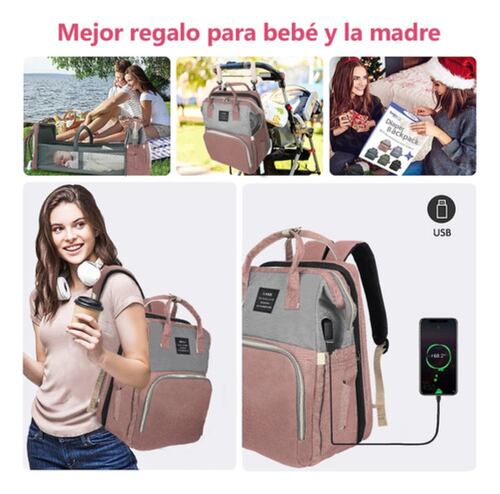 Pañalera Mochila Impermeable Usb Cargo Mosquitero Y Juguete Gris/Rosa