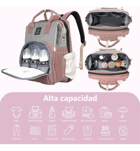 Pañalera Mochila Impermeable Usb Cargo Mosquitero Y Juguete Gris/Rosa