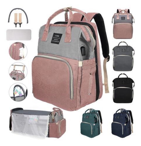 Pañalera Mochila Impermeable Usb Cargo Mosquitero Y Juguete Gris/Rosa