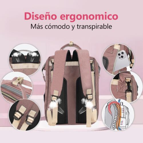 Pañalera Mochila Impermeable Usb Cargo Mosquitero Y Juguete Gris/Rosa