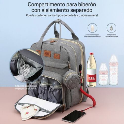 Mochila Pañalera 12 En 1 Cambiador Multifunción Organizador Gris