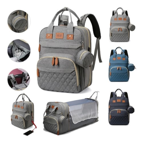 Mochila Pañalera 12 En 1 Cambiador Multifunción Organizador Gris