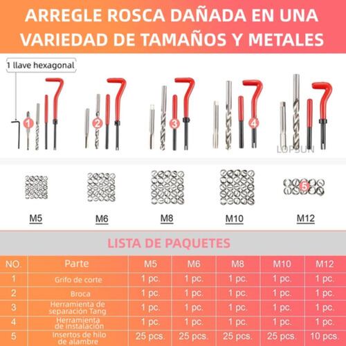 131 Herramientas Reparación D Roscas Insertos Helicoil M5-12 Estuche Rojo 