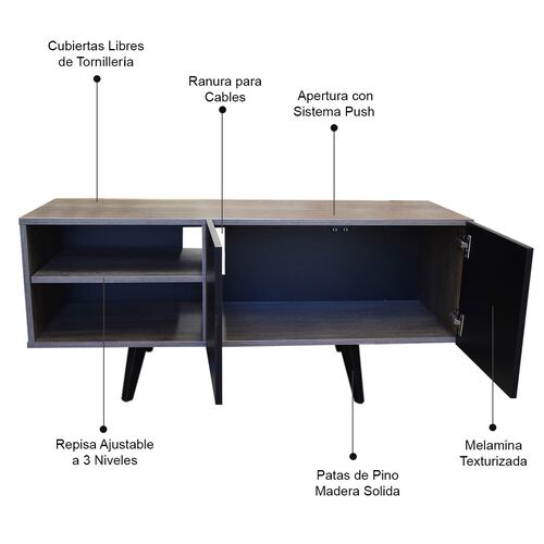  Mueble para TV de 50" Suecia  Minimalista y Moderno  Hogare  Rustik Wood Negro