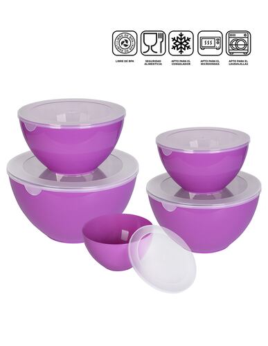 AGBOX Set De 5 Bowls De Plástico Con Tapa ABOX-201.