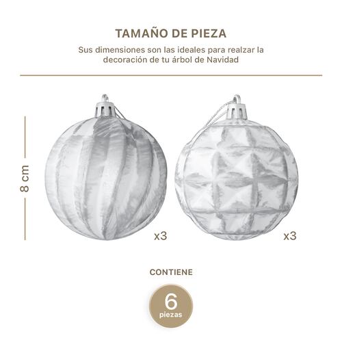 Set con 6 Esferas Decoración Navideña 8 cm Adornos para Árbol de Navidad (Blanca - Plateado) ESQUIMAL.