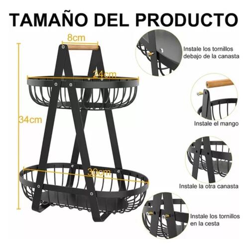Frutero Cesta De Fruta De Metal De 2 Niveles Para Cocina Negro