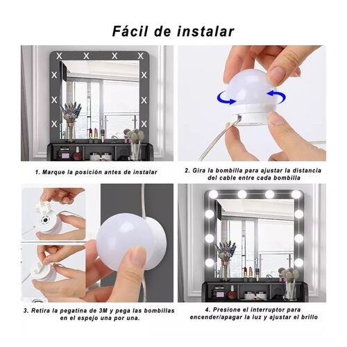 Luz espejo tocador 10 bombillas 3 brillos