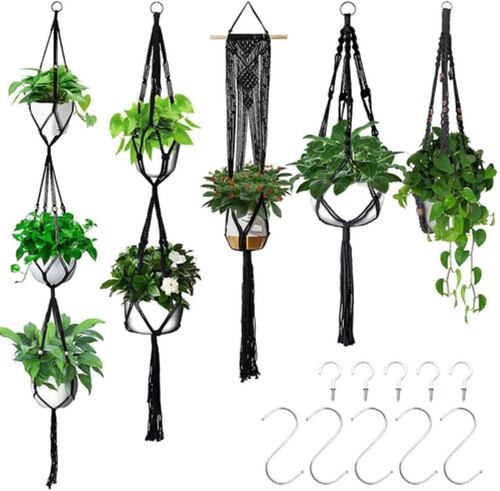 5 Pzas Maceteros Colgantes De Macramé C/ganchos Para Planta Negro