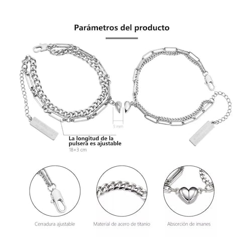 Pulseras Pareja Acero De Titanio Imanes Plata 
