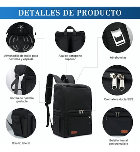 Bolsa Mochila Hielera Portátil, interior Impermeable, 2 Capas Color Gris