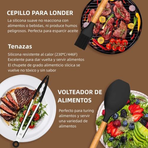 Set 33 Utensilios De Cocina Silicona Cuchara Volteador Negro