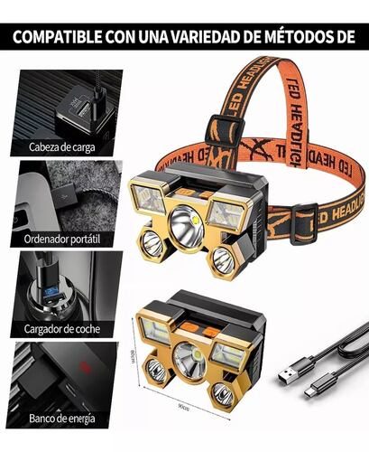 Lámpara Cabeza Led Usb Linterna Frontal Recargable 5 Leds.