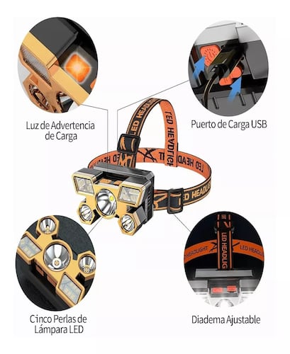 Lámpara Cabeza Led Usb Linterna Frontal Recargable 5 Leds.