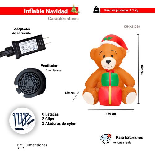 Inflable Navideño Oso De Peluche Gorro De Navidad 1.50mts