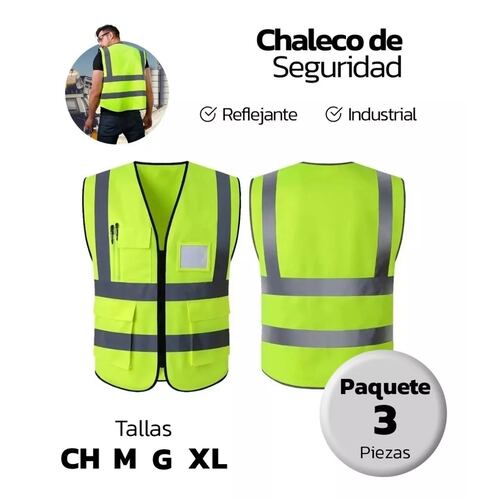Set Chaleco Seguridad Reflejante Alta Visibilidad 3 Piezas Talla S