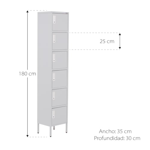 Locker Metálico Vertical 180 cm, Puerta con Cerradura, Almacenamiento, Casillero para Oficina Escuela Gimnasio Casa (Gris, 6 Puertas).
