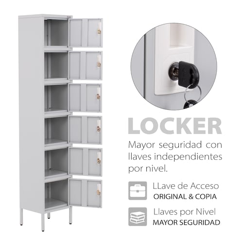 Locker Metálico Vertical 180 cm, Puerta con Cerradura, Almacenamiento, Casillero para Oficina Escuela Gimnasio Casa (Gris, 6 Puertas).