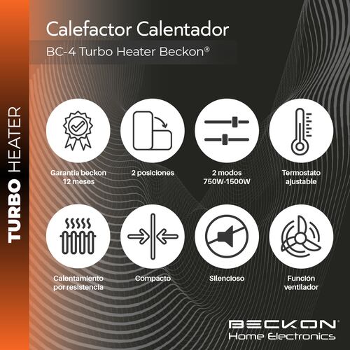 Calefactor Calentador eléctrico compacto 26cm de resistencia para recámara baño estudio hogar TURBO HEATER con termostato 750W / 1500W Beckon.