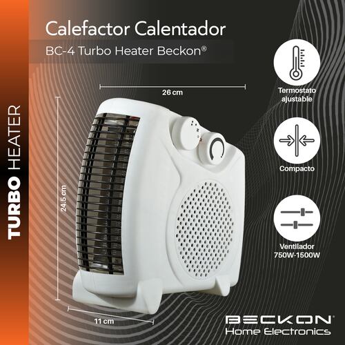 Calefactor Calentador eléctrico compacto 26cm de resistencia para recámara baño estudio hogar TURBO HEATER con termostato 750W / 1500W Beckon.