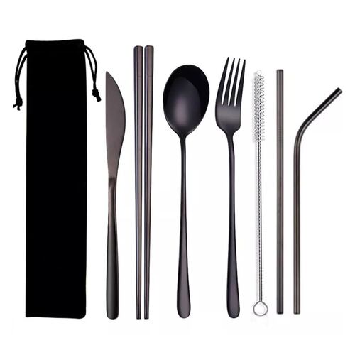 Set Cubiertos Portátiles Acero Inoxidable 7pz Con Bolsa NEGRO