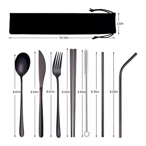 Set Cubiertos Portátiles Acero Inoxidable 7pz Con Bolsa NEGRO
