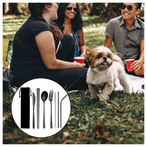 Set Cubiertos Portátiles Acero Inoxidable 7pz Con Bolsa NEGRO