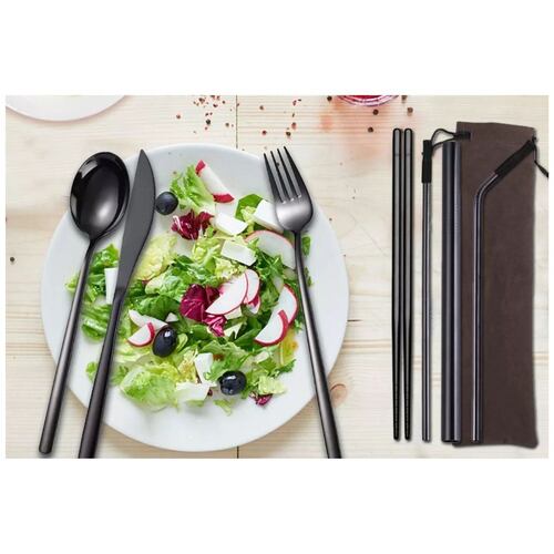 Set Cubiertos Portátiles Acero Inoxidable 7pz Con Bolsa NEGRO