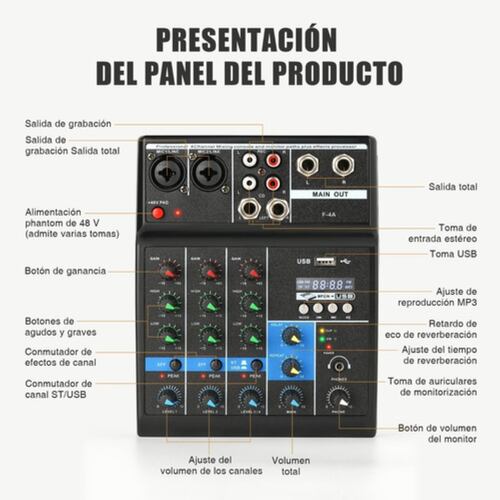 Mezclador De Audio Bluetooth 4 Canales De Consola Tarjeta NEGRO