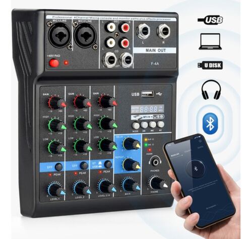 Mezclador De Audio Bluetooth 4 Canales De Consola Tarjeta NEGRO