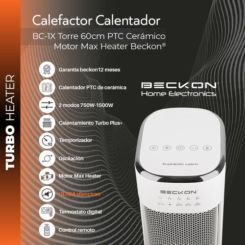 Calefactor Calentador eléctrico cerámico PTC de torre bc-1x MAX HEATER ultra silencioso oscilación termostato temporizador altura de 60cm para hogar recámara sala estudio baño 750W / 1500W Beckon.