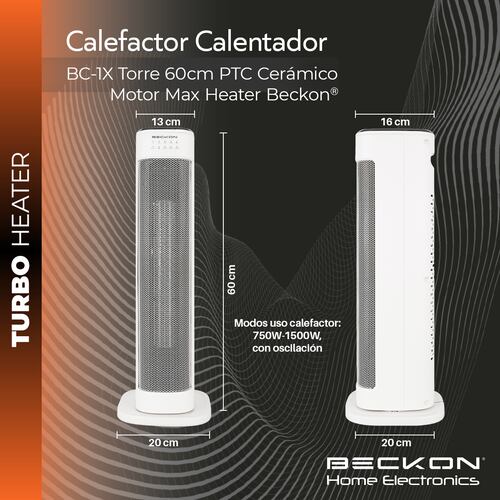 Calefactor Calentador eléctrico cerámico PTC de torre bc-1x MAX HEATER ultra silencioso oscilación termostato temporizador altura de 60cm para hogar recámara sala estudio baño 750W / 1500W Beckon.