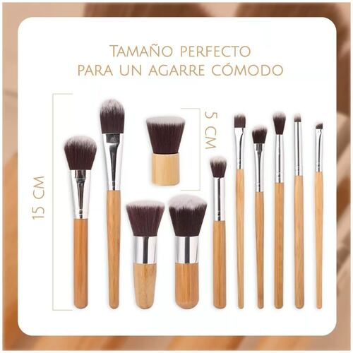 Brochas De Maquillaje Bambú Ecológicas 11 Pcs, Color Cafe Claro 