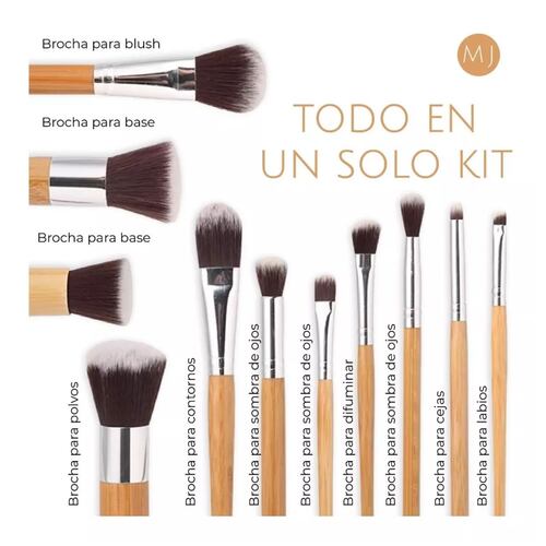 Brochas De Maquillaje Bambú Ecológicas 11 Pcs, Color Cafe Claro 
