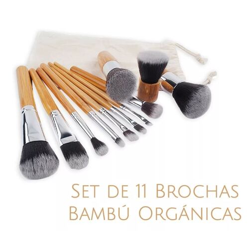 Brochas De Maquillaje Bambú Ecológicas 11 Pcs, Color Cafe Claro 