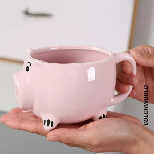  Taza Cerámica Puerquito Cerdito 400 ml, Color Rosa 