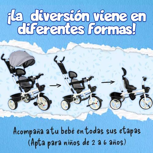 Triciclo Bicicleta Carriola Paseo Bebes 2-6 Años Asiento 360 Color Gris