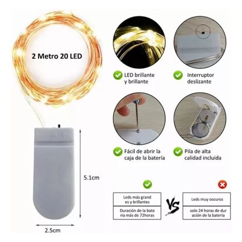 Cadena De Luces Hadas Con Pilas 12 Pzs de 2m 20 led Luz Cálido, Color de Led Blanco